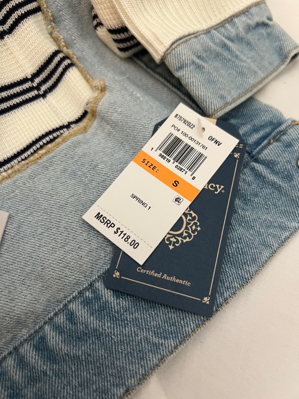 Democracy Striped Mixed Media Sweater Jacket with Denim Trim Small - Picture 4 of 6